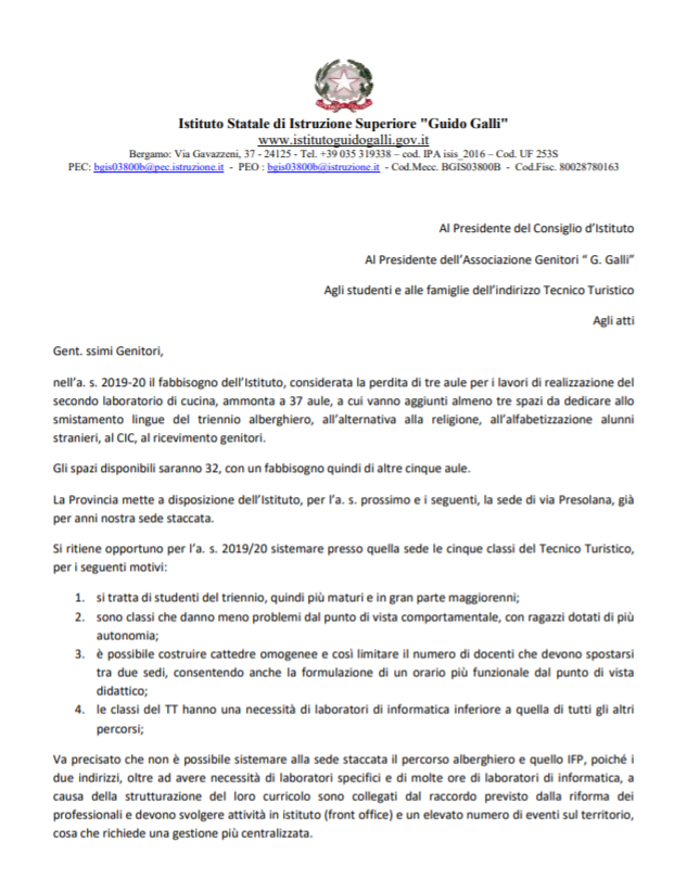 Link avviso ai genitori dislocazione classi tecnico turistico sede staccata
